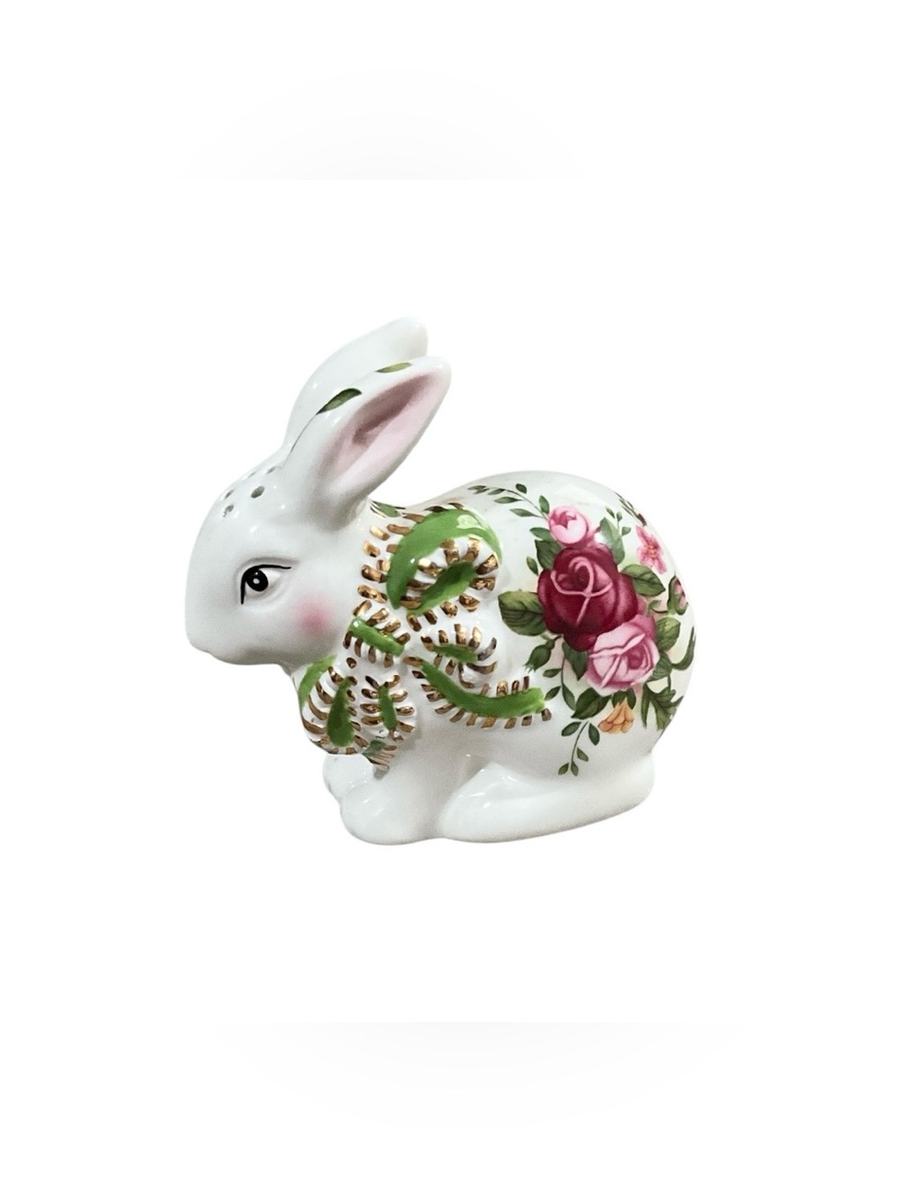 Royal Albert 1962  White Ceramic Bunny Salt Shaker with Pink and Green Rose